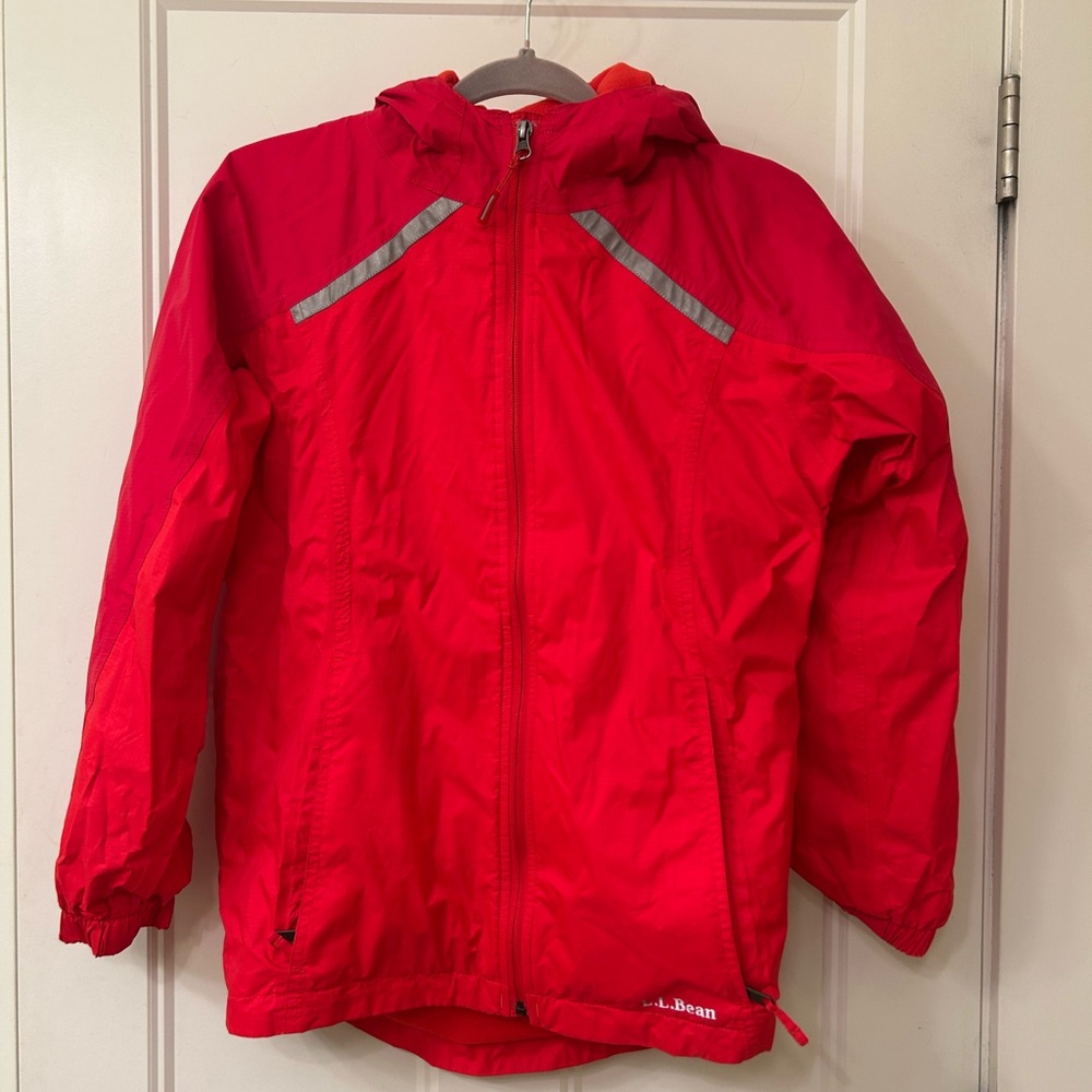 L.L. Bean Kids Bright Red Fleece Lined Raincoat With Reflectors